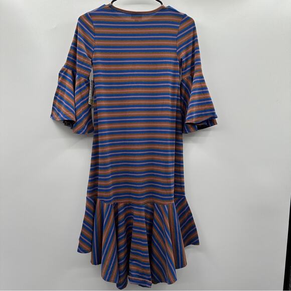 LuLaRoe Maurine Blue & Pink Striped Ruffle Asymmetrical Hem Midi Dress Size XXS - Picture 5 of 10